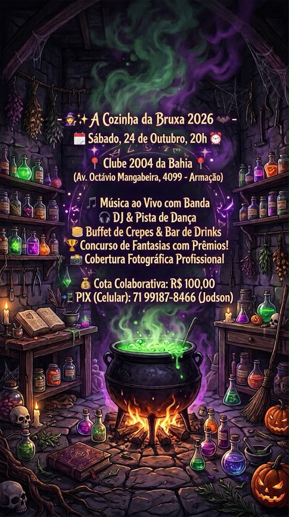 Convite: A Cozinha da Bruxa 2026, sábado 24 de outubro, 20h, Clube 2004 da Bahia